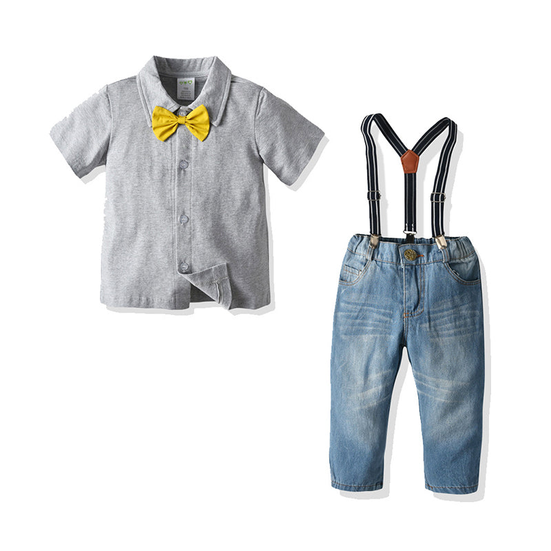 2 Pieces Set Baby Kid Boys Dressy Birthday Party Solid Color Bow Polo Shirts And Jeans Wholesale 211109670