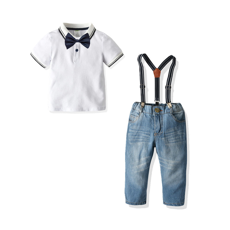 2 Pieces Set Baby Kid Boys Dressy Birthday Party Bow Polo Shirts And Solid Color Jeans Wholesale 211109674
