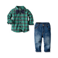Load image into Gallery viewer, 2 Pieces Set Baby Kid Boys Dressy Birthday Party Checked Bow Shirts And Solid Color Jeans Wholesale 211109680
