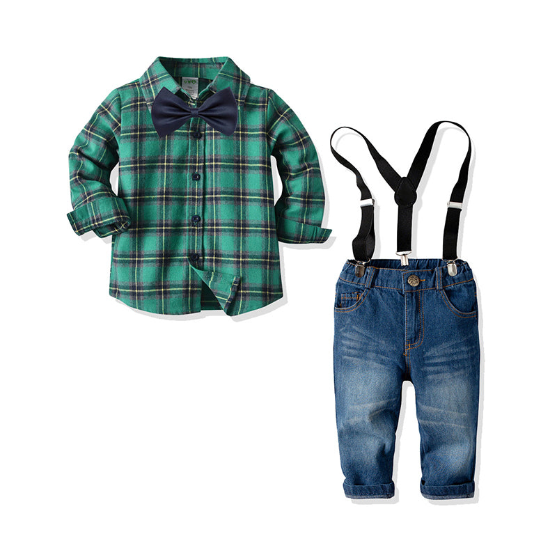 2 Pieces Set Baby Kid Boys Dressy Birthday Party Checked Bow Shirts And Solid Color Jeans Wholesale 211109681