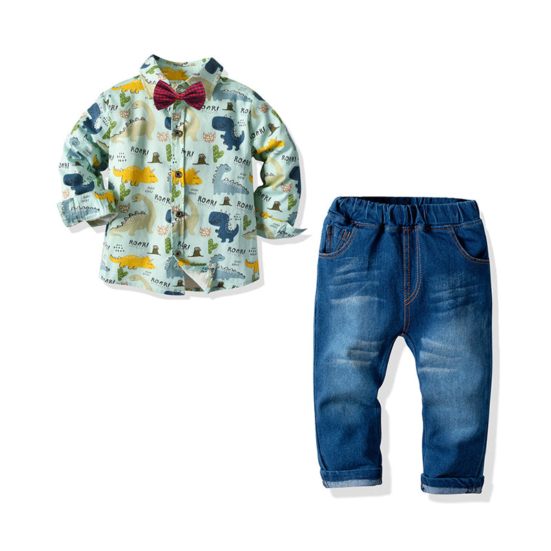 2 Pieces Set Baby Kid Boys Dressy Birthday Party Letters Dinosaur Bow Print Shirts And Solid Color Jeans Wholesale 211109682