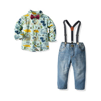 Load image into Gallery viewer, 2 Pieces Set Baby Kid Boys Dressy Birthday Party Letters Dinosaur Checked Bow Print Shirts And Solid Color Jumpsuits Wholesale 211109684
