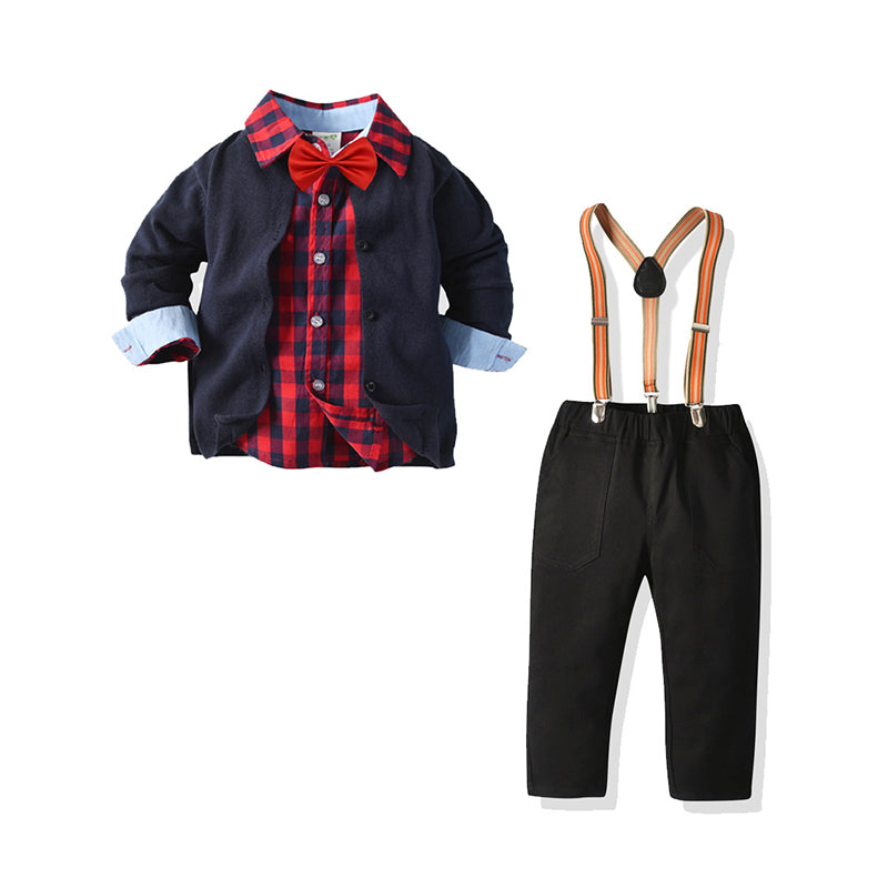 3 Pieces Set Baby Kid Boys Dressy Birthday Party Checked Bow Shirts And Solid Color Cardigan And Jumpsuits Wholesale 211109686