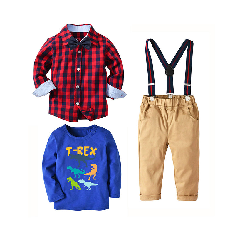 3 Pieces Set Baby Kid Boys Dressy Birthday Party Letters Dinosaur Print T-Shirts And Checked Bow Shirts And Solid Color Pants Wholesale 211109690