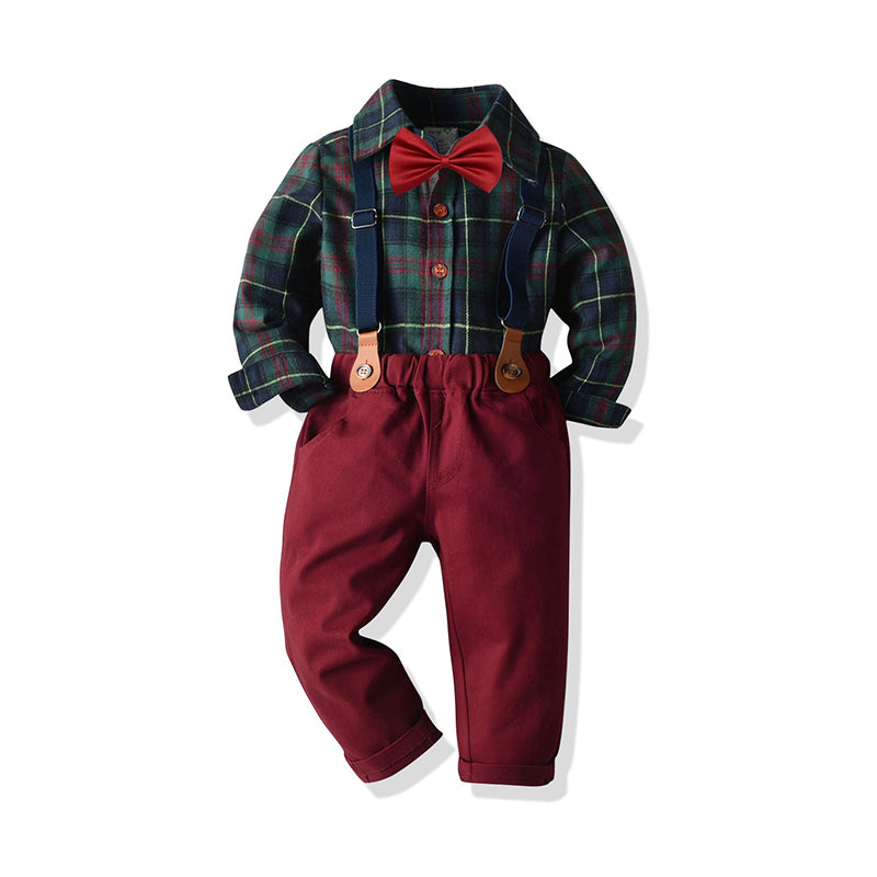 2 Pieces Set Baby Kid Boys Birthday Party Checked Bow Shirts And Solid Color Pants Wholesale 21110974