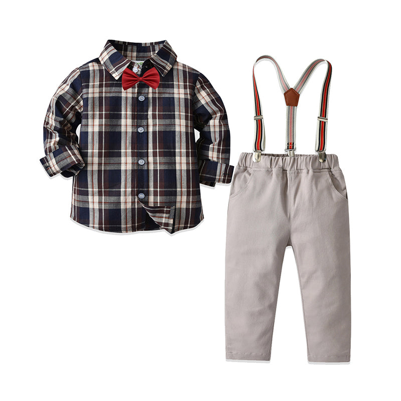 2 Pieces Set Baby Kid Boys Birthday Party Checked Bow Shirts And Solid Color Pants Wholesale 21110976