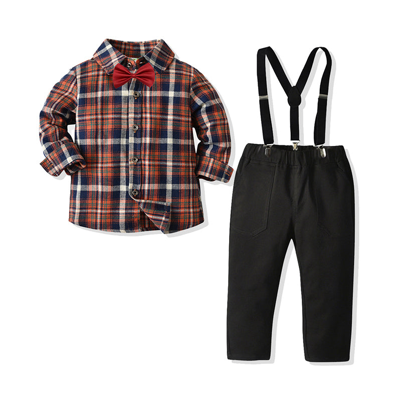 2 Pieces Set Baby Kid Boys Birthday Party Checked Bow Shirts And Solid Color Jumpsuits Wholesale 21110978