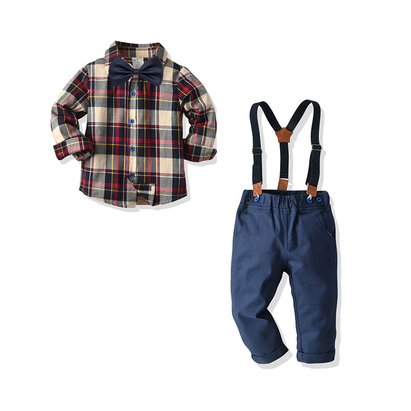 2 Pieces Set Baby Kid Boys Birthday Party Checked Bow Shirts And Solid Color Jumpsuits Wholesale 21110979