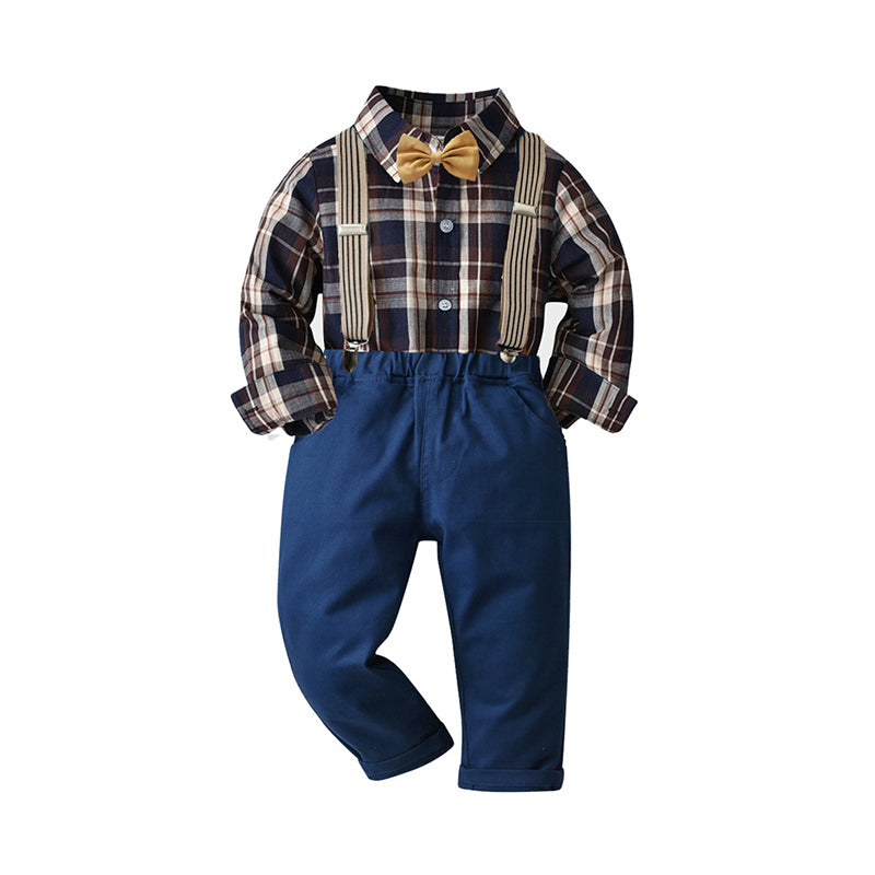 2 Pieces Set Baby Kid Boys Birthday Party Checked Bow Shirts And Solid Color Jumpsuits Wholesale 21110980