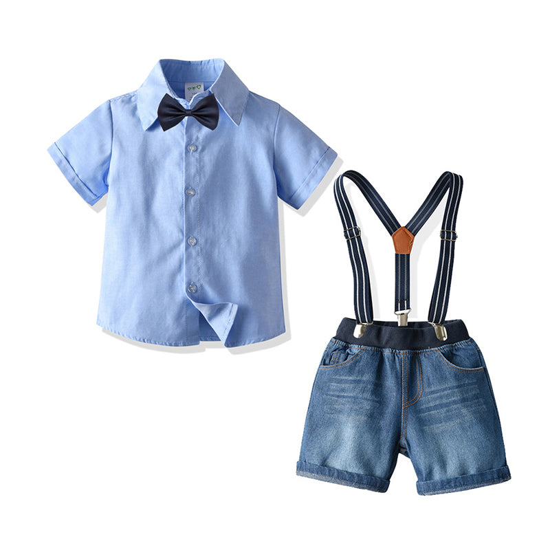 2 Pieces Set Baby Kid Boys Birthday Party Solid Color Bow Shirts And Striped Rompers Wholesale 21110985