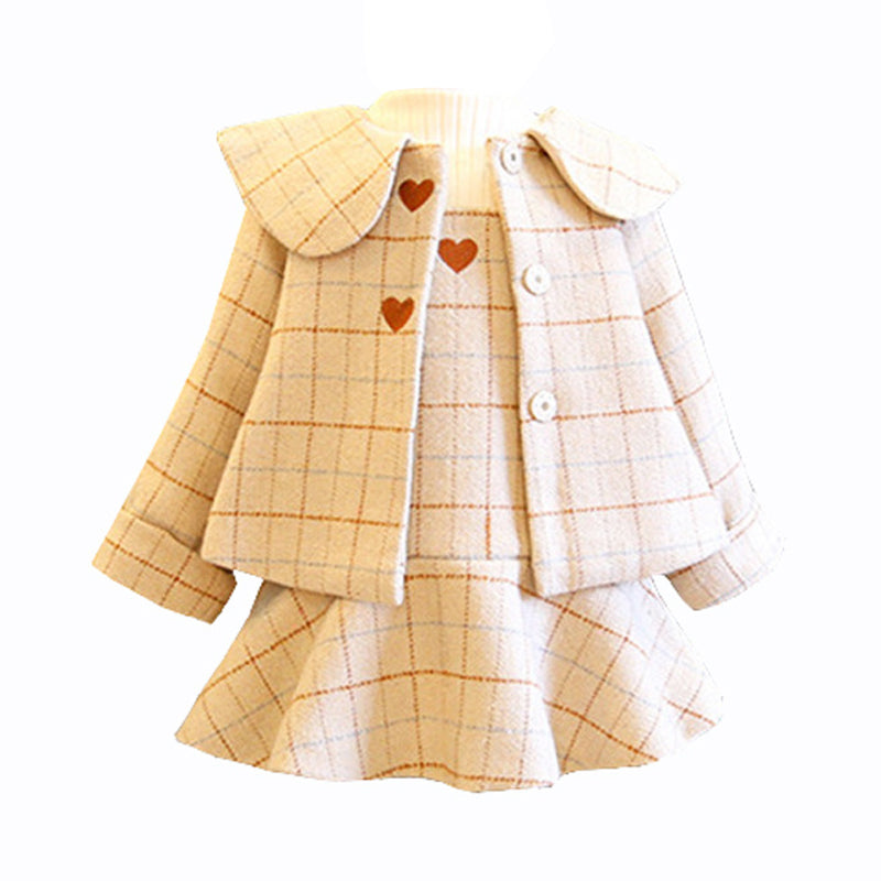 2 Pieces Set Baby Kid Girls Valentine's Day Checked Jackets Outwears and Love heart Dresses Wholesale 211111147