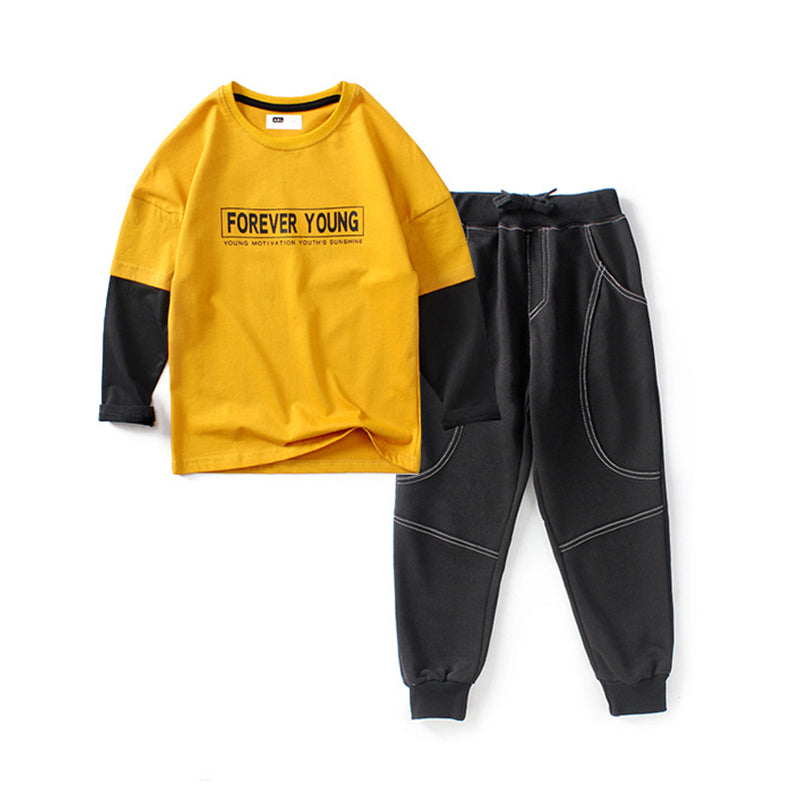 2 Pieces Set Kid Boys Striped Letters Print T-Shirts And Solid Color Pants Wholesale 211111310