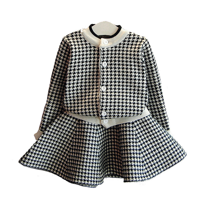 2 Pieces Set Baby Kid Girls Houndstooth Cardigan And Crochet Skirts Wholesale 21111141