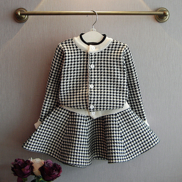 2 Pieces Set Baby Kid Girls Houndstooth Cardigan And Crochet Skirts Wholesale 21111141