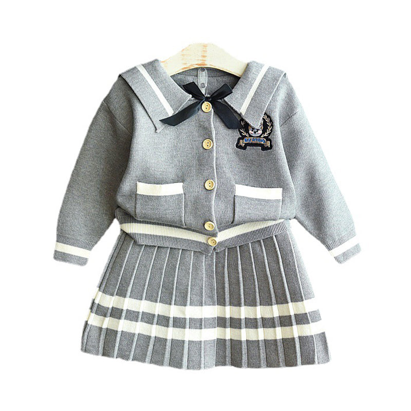 2 Pieces Set Baby Kid Girls Crochet Jackets Outwears and Striped Color-blocking Skirts Wholesale 21111152