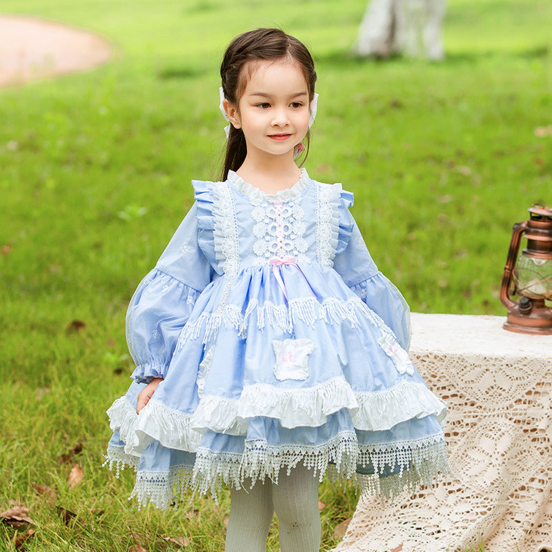 Kid Girls Solid Color Bow Lace Dressy Dresses Princess Dresses Wholesale 211115739