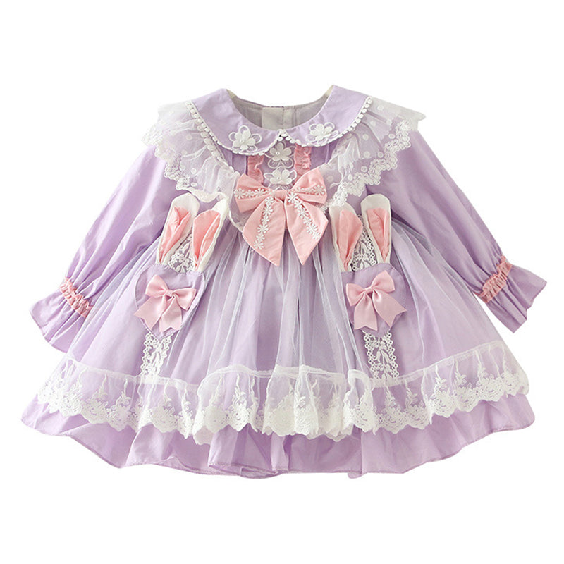 Kid Girls Solid Color Bow Lace Dressy Dresses Princess Dresses Wholesale 211115740