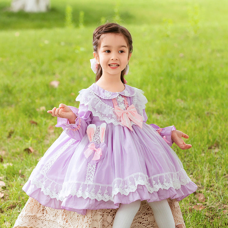 Kid Girls Solid Color Bow Lace Dressy Dresses Princess Dresses Wholesale 211115740