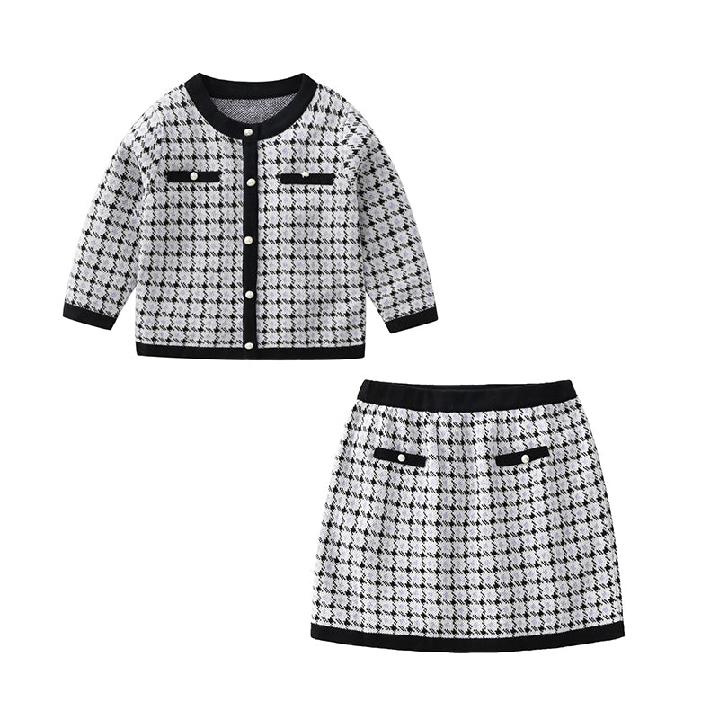 2 Pieces Set Baby Kid Girls Houndstooth Knitwear Cardigan And Skirts Wholesale 21111601