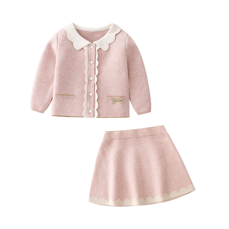 2 Pieces Set Baby Kid Girls Color-blocking Knitwear Cardigan And Solid Color Skirts Wholesale 21111602