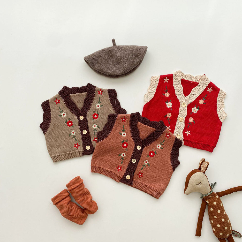 Baby Girls Solid Color Embroidered Vests Waistcoats Cardigan Wholesale 211116216