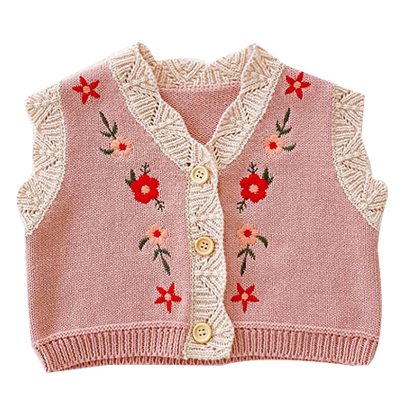 Baby Girls Flower Embroidered Vests Waistcoats Knitwear Cardigan Wholesale 211116252