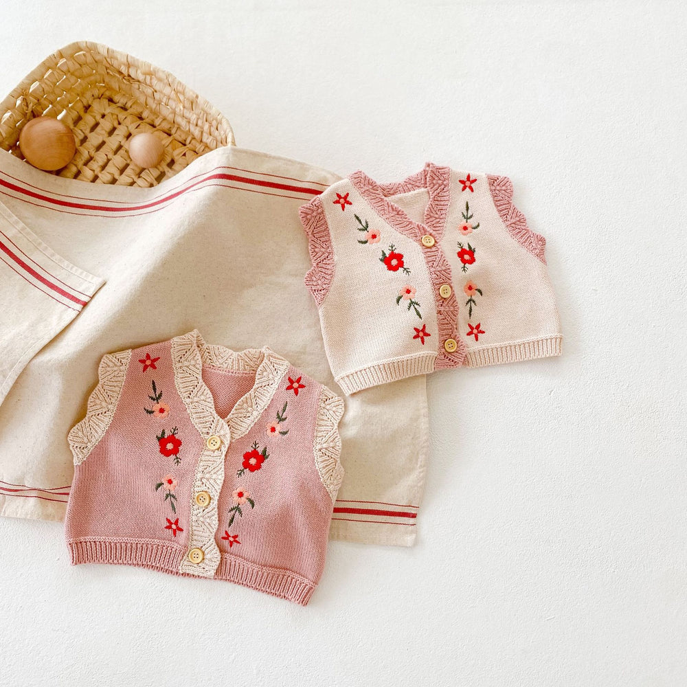 Baby Girls Flower Embroidered Vests Waistcoats Knitwear Cardigan Wholesale 211116252