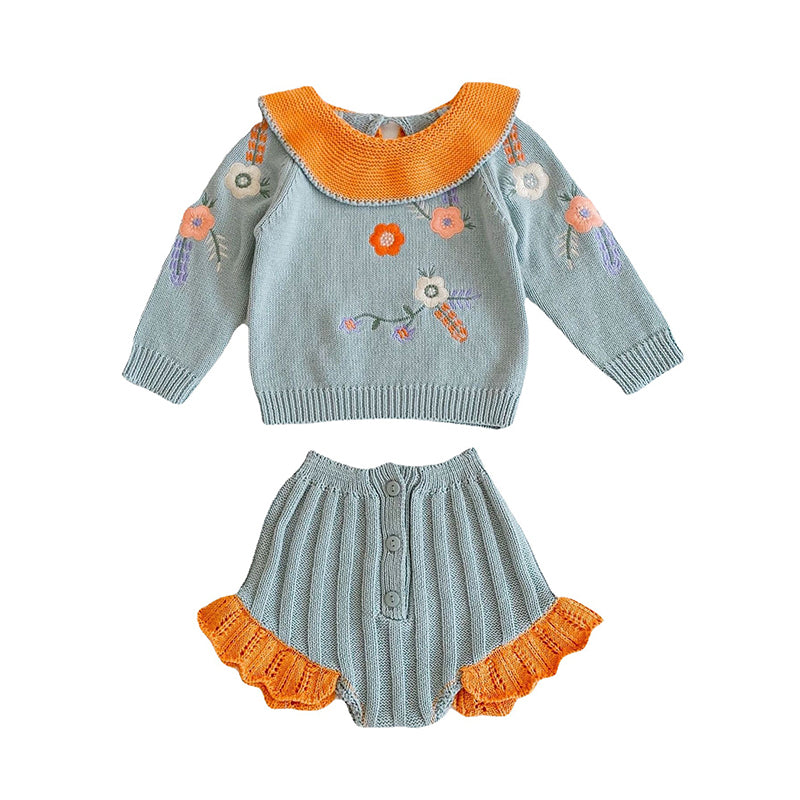 2 Pieces Set Baby Girls Flower Embroidered Color matching Tops And Shorts Knitwear Wholesale 211116253
