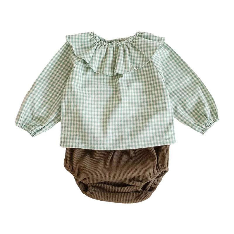 2 Pieces Set Baby Girls Checked Tops And Solid Color Shorts Wholesale 211116340