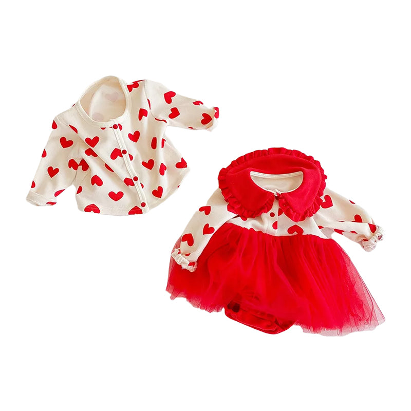 2 Pieces Set Baby Girls Love heart Print Jackets Outwears And Dresses Wholesale 211116382