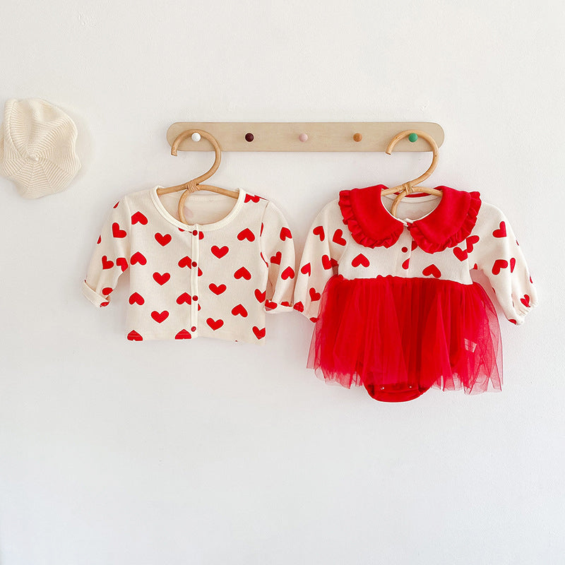 2 Pieces Set Baby Girls Love heart Print Jackets Outwears And Dresses Wholesale 211116382