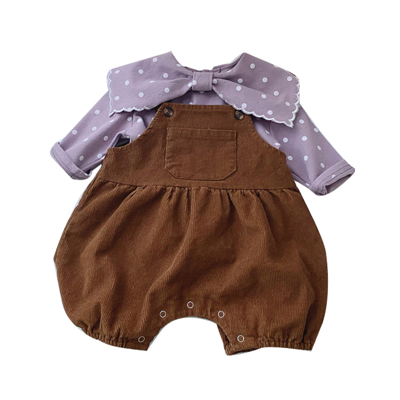 Baby Kid Girls Polka dots Bow Tops And Solid Color Rompers Wholesale 21111682
