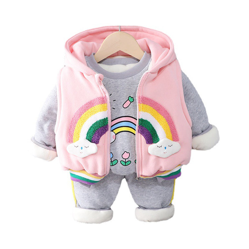 3 Pieces Set Baby Kid Girls Rainbow Cartoon Print Vests Waistcoats Hoodies Swearshirts And Pants Wholesale 2111251083