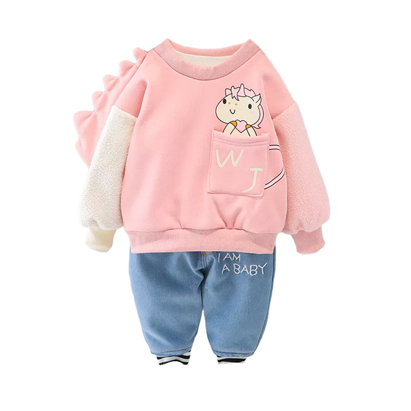 2 Pieces Set Baby Kid Girls Cartoon Unicorn Print Hoodies Swearshirts And Letters Jeans Wholesale 211125396