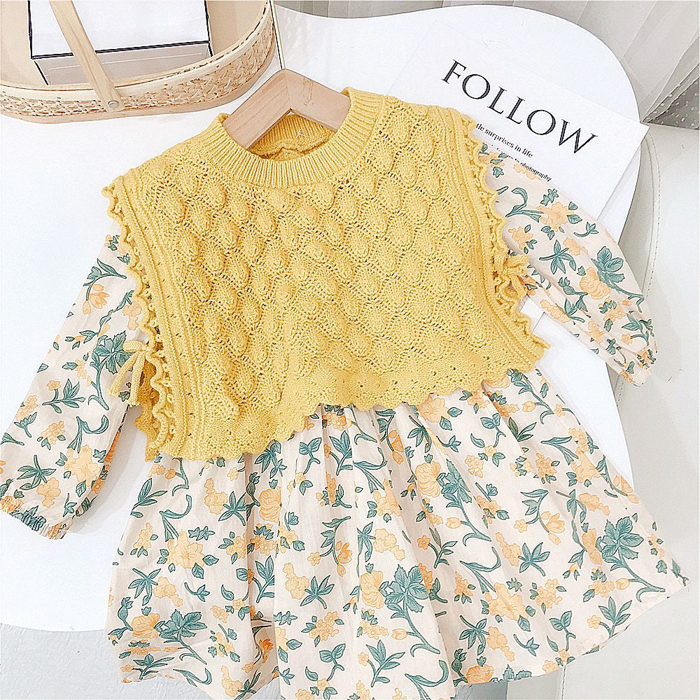 Baby Kid Girls Flower Print Dresses And Solid Color Vests Waistcoats Knitwear Wholesale 211125451