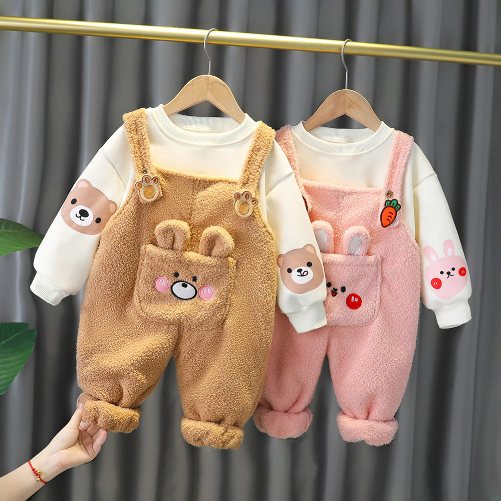 2 Pieces Set Baby Kid Girls Boys Animals Cartoon Print Tops And Embroidered Jumpsuits Wholesale c