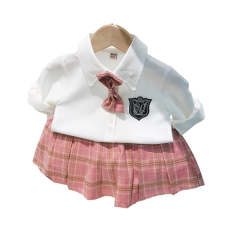 2 Pieces Set Baby Kid Girls Bow Embroidered Shirts And Checked Skirts Wholesale 21112575