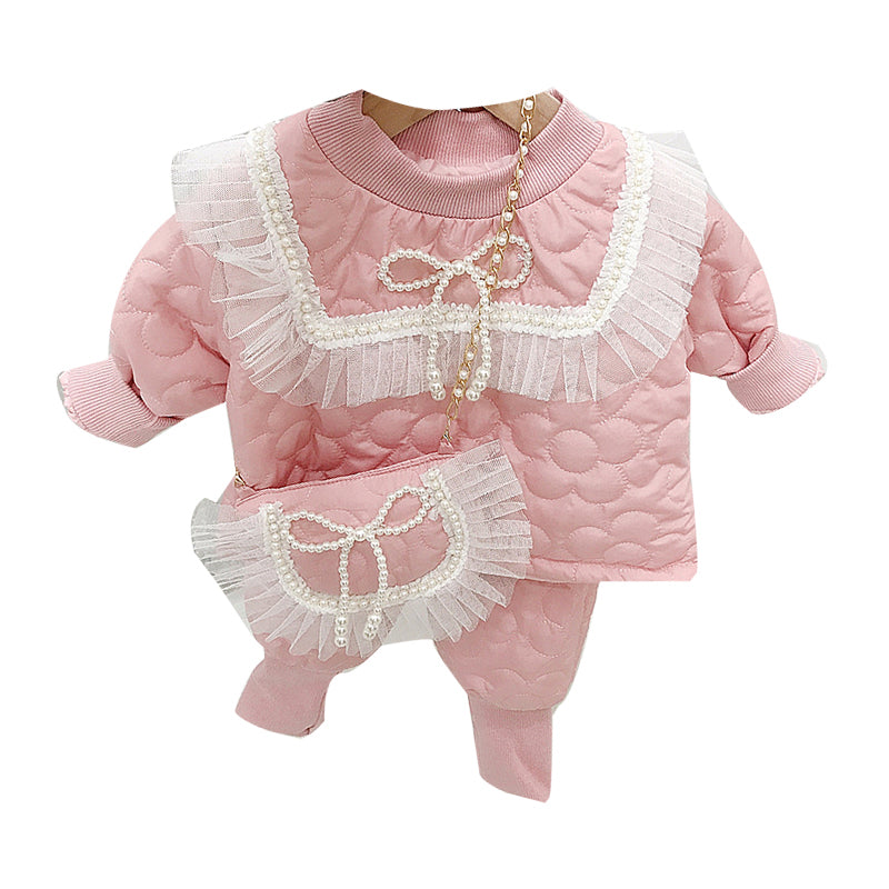 2 Pieces Set Baby Kid Girls Flower Lace Tops And Solid Color Pants Wholesale 211125795