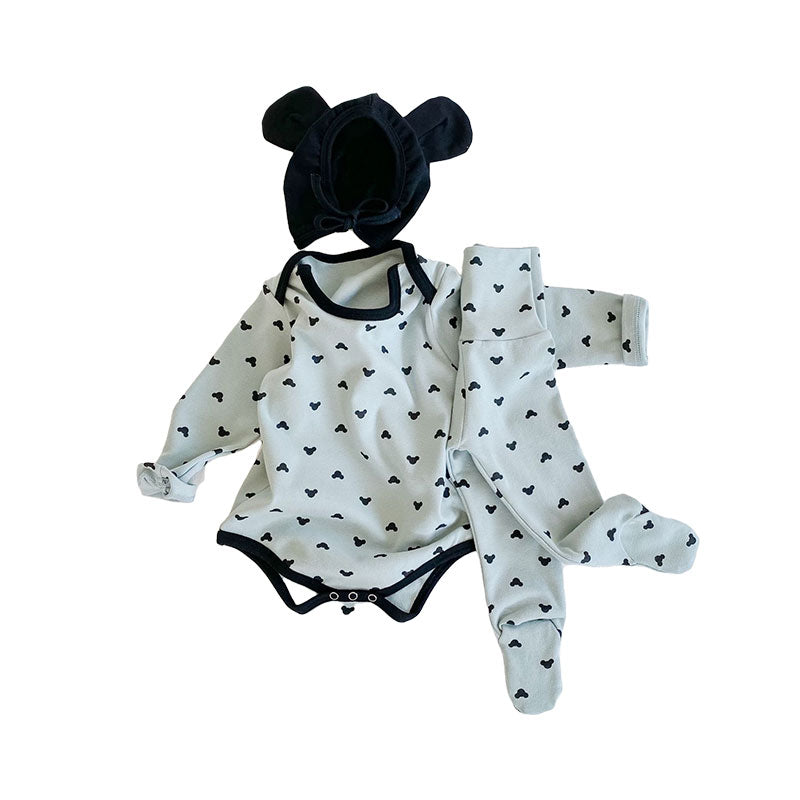 3 Pieces Set Baby Unisex Cartoon Print Rompers Pants And Solid Color Hats Wholesale 211214231