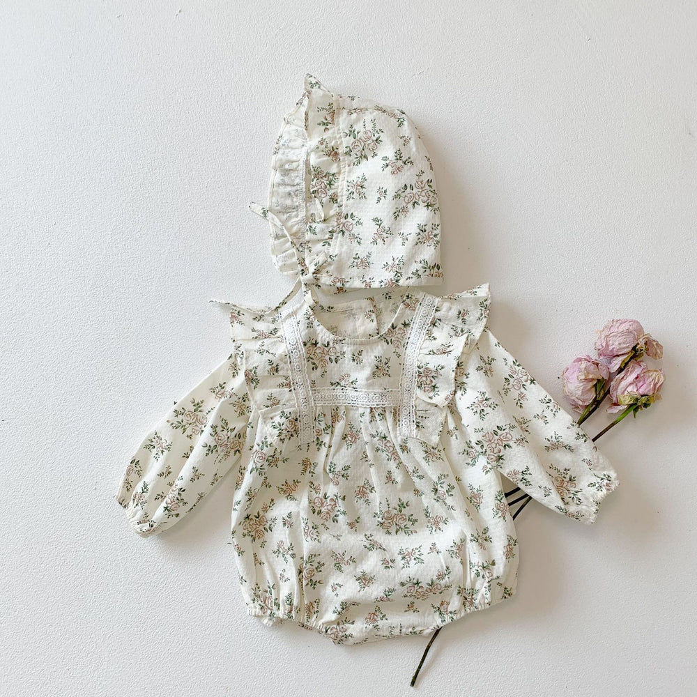 Baby Kid Girls Flower Print Rompers Hats Wholesale 211214407