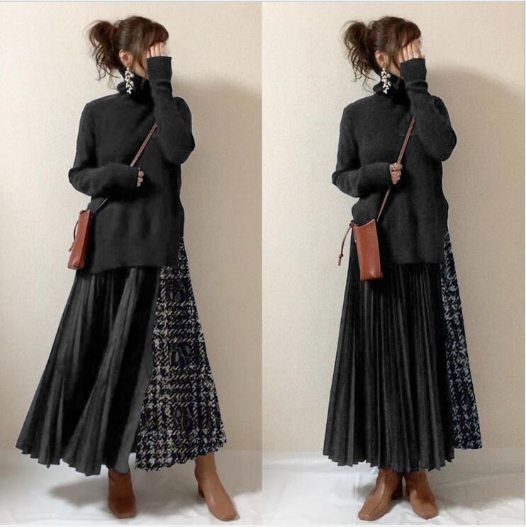 2 Pieces Set Women Solid Color Sweaters And Houndstooth Skirts Wholesale 211220126