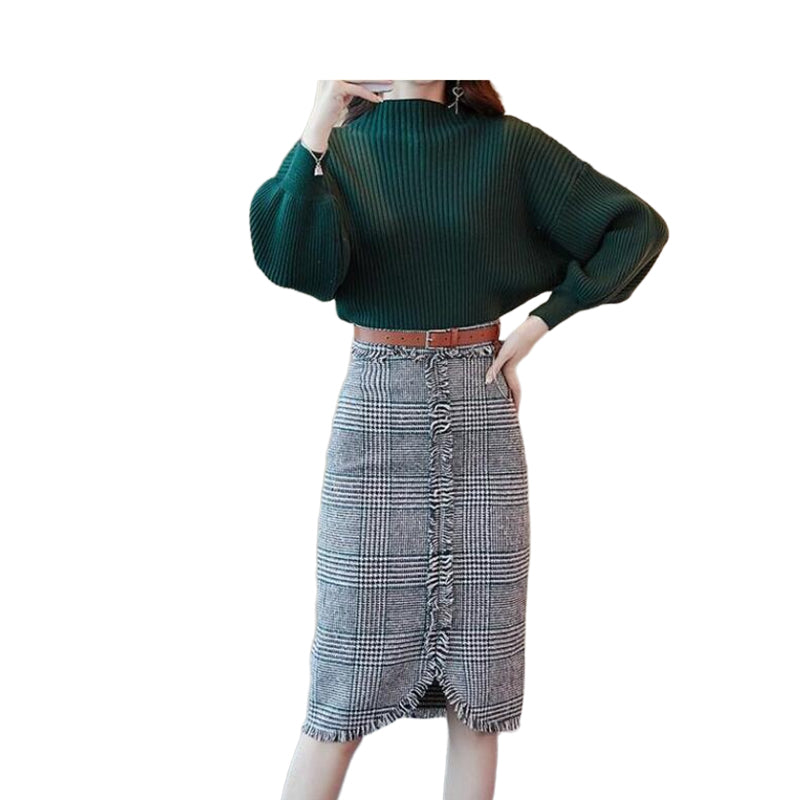 2 Pieces Set Women Crochet Muslin&Ribbed Sweaters And Checked Skirts Wholesale 21122042