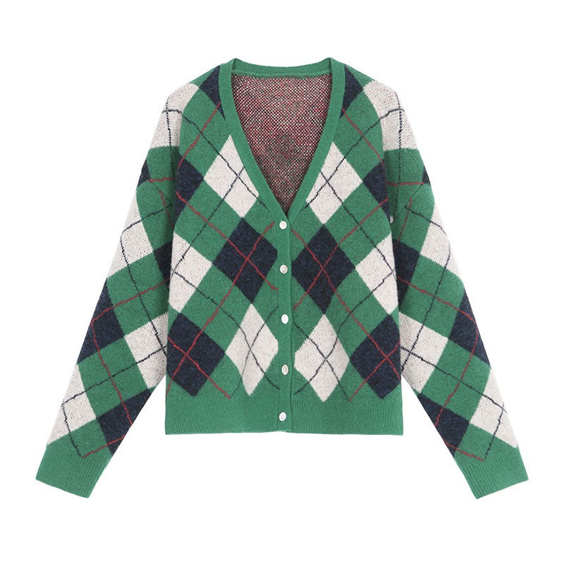 Women Color-blocking Checked Cardigan Knitwear Wholesale 2112221754