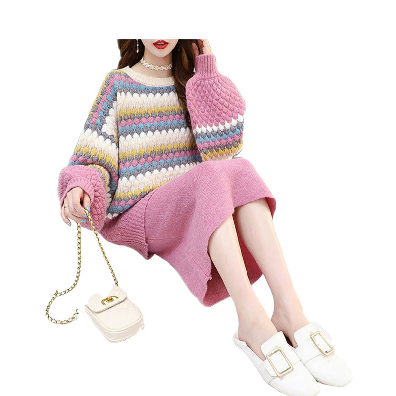 2 Pieces Set Women Striped Sweaters And Solid Color Skirts Knitwear Wholesale 2112222314