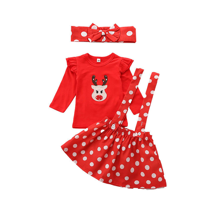2 Pieces Set Baby Kid Girls Christmas Animals Cartoon Print Tops And Polka dots Skirts Wholesale 21210002