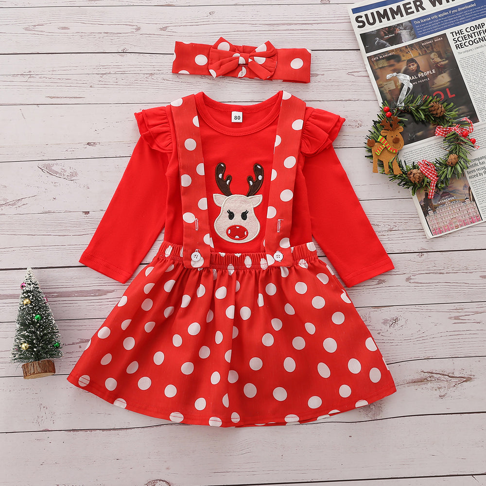 2 Pieces Set Baby Kid Girls Christmas Animals Cartoon Print Tops And Polka dots Skirts Wholesale 21210002