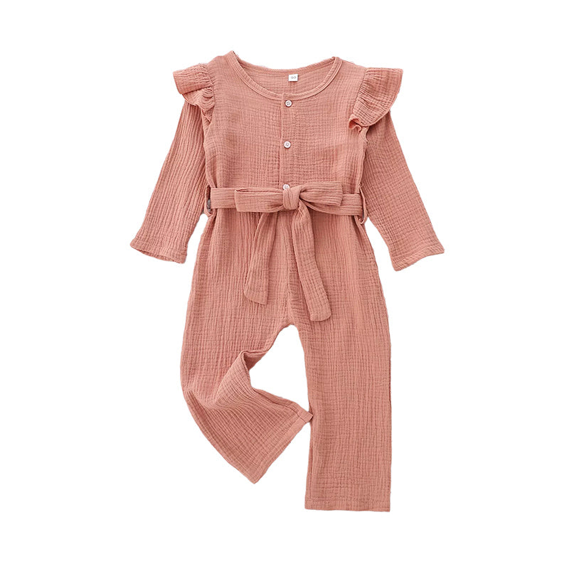 Kid Girls Solid Color Muslin&Ribbed Jumpsuits Wholesale 21210010