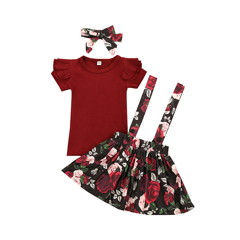 3 Pieces Set Baby Kid Girls Solid Color Muslin&Ribbed Print Flower And Bow Wholesale 21210070