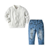 Load image into Gallery viewer, 2 Pieces Set Baby Kid Girls Striped Print Jackets Outwears Dinosaur Pants Wholesale 21429699
