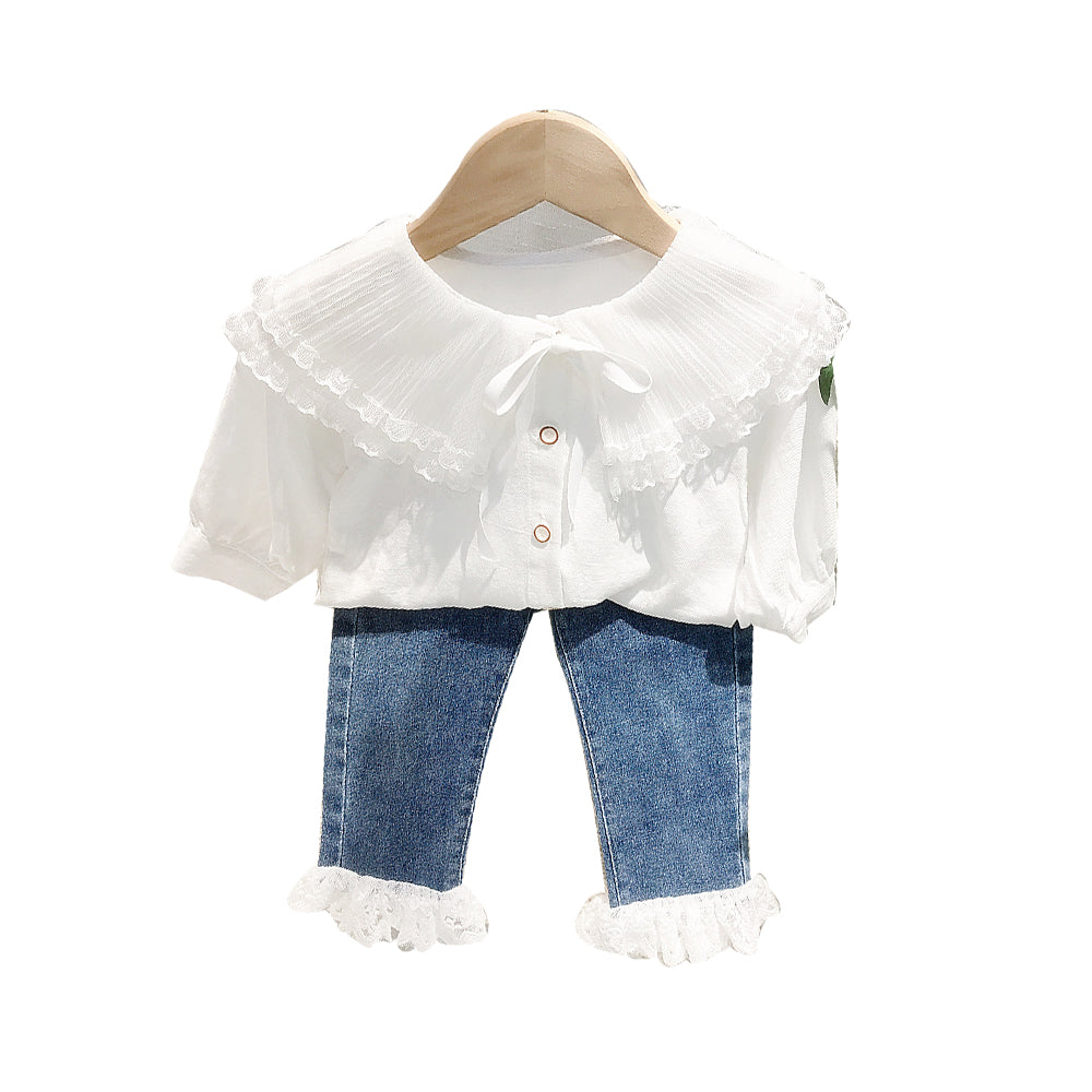 Baby Kid Girls Solid Color Lace Tops And Pants Jeans Wholesale 22011203